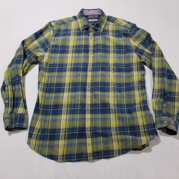 32 Bar Blues Shirt Mens Large Plaid Cotton Dobby Long Sleeve Follow Me Up - Picture 1 of 9